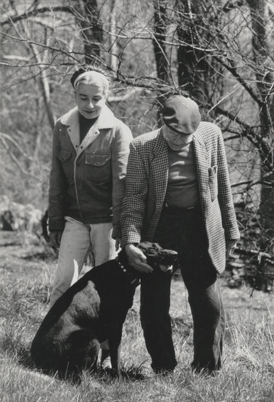 John Jacob Niles with Rena Niles and dog Rosie; Boot Hill Farm