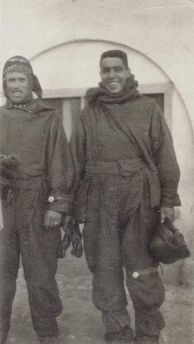 John Jacob Niles (left) in flying gear with MacKenzie