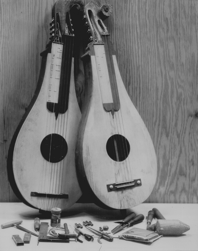 Dulcimers at various stages of production; John Jacob Niles