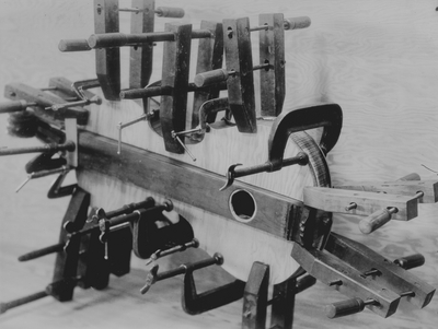 Dulcimers at various stages of production; John Jacob Niles