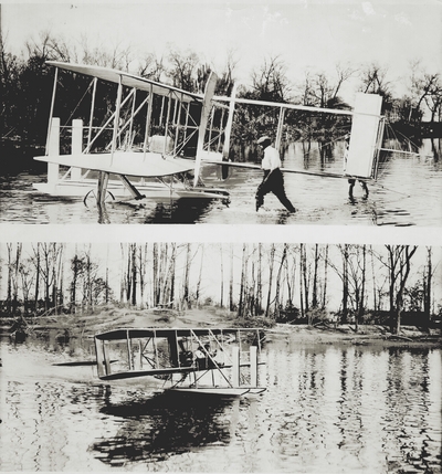 Orville Wright, after death of his brother Wilbur, perfecting the hydro-aeroplane on Great Miami River, seven miles south of Dayton.  Mechanic J.M. Jacobs with Wright; Paul Thompson