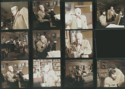Four photo contact sheet of black and white negatives; John Jacob Niles in various poses; Boot Hill Farm