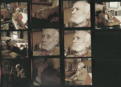 Four photo contact sheet of black and white negatives; John Jacob Niles in various poses; Boot Hill Farm