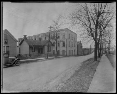 Large brick building in residential neighborhood