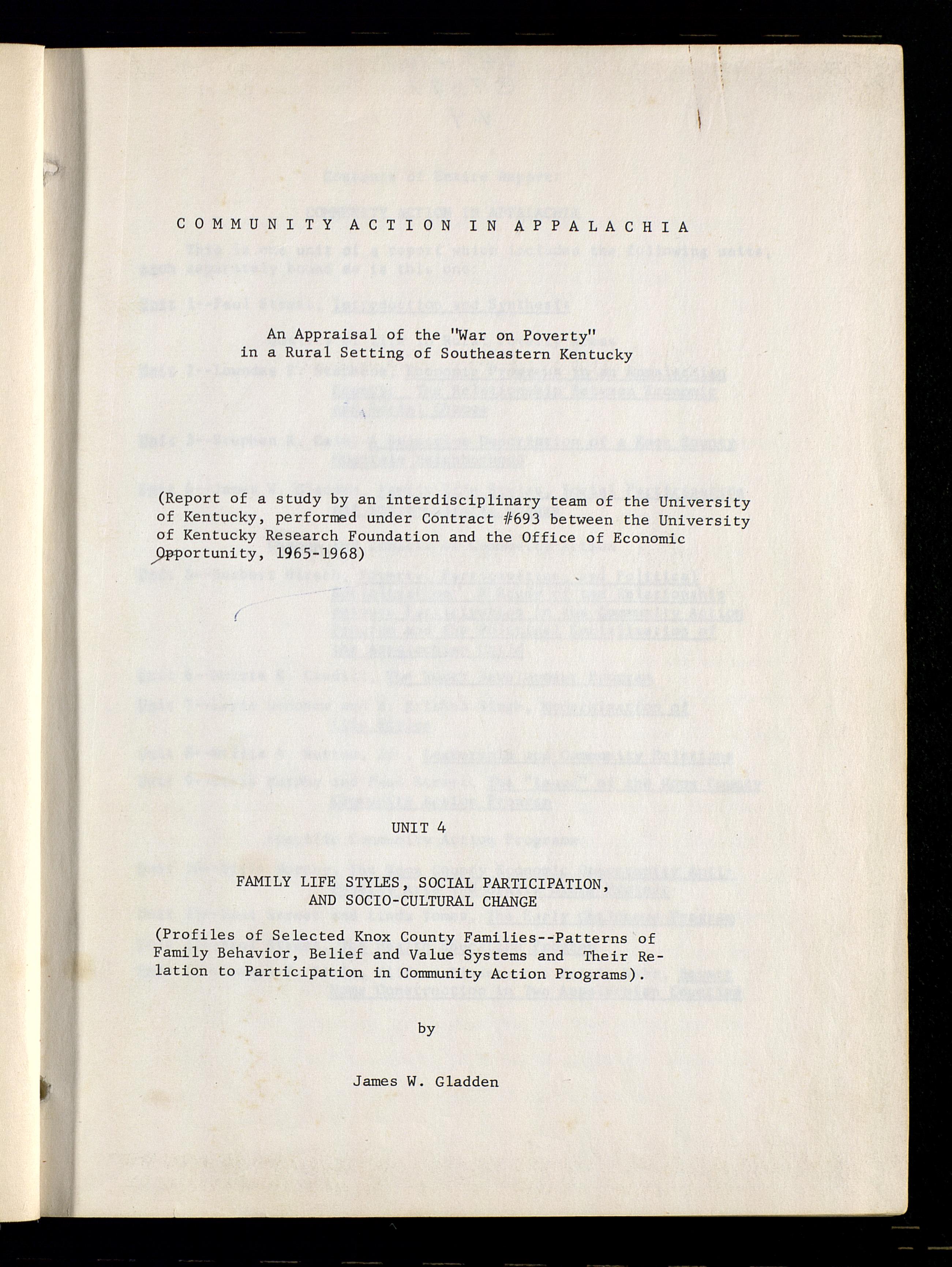 Community Action In Appalachia An Appraisal Of The War On Poverty In A Rural Setting Of Southeastern Kentucky August 1968 Unit 4 Family Life