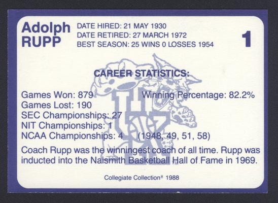 Kentucky's Finest #1: Adolph Rupp  (1930-1972), back