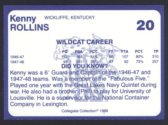 Kentucky's Finest #20: Kenny Rollins (1942-48), back