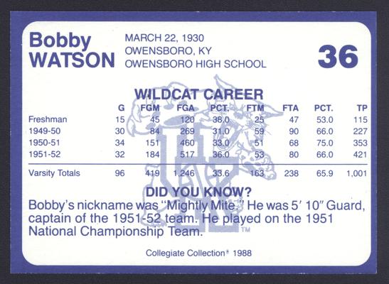 Kentucky's Finest #36: Bobby Watson (1949-52), back