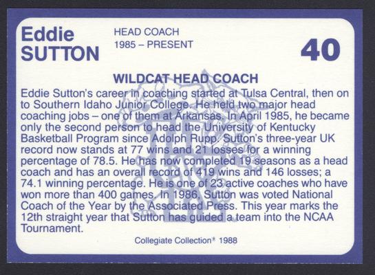 Kentucky's Finest #40: Eddie Sutton (1986-89), back