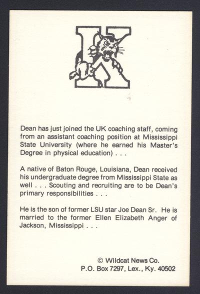 Cat Card #6: Joe Dean, assistant coach, back