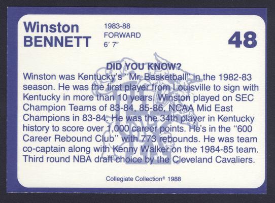 Kentucky's Finest #48: Winston Bennett (1983-88), back