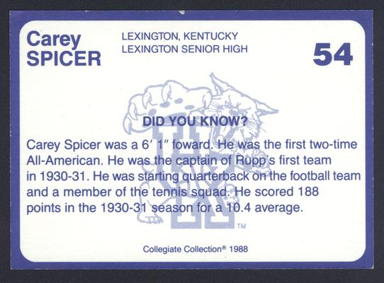 Kentucky's Finest #54: Carey Spicer (1928-31), back
