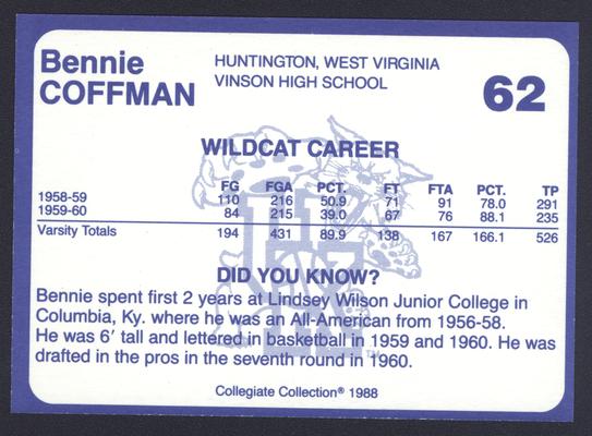 Kentucky's Finest #62: Bennie Coffman (1958-60), back