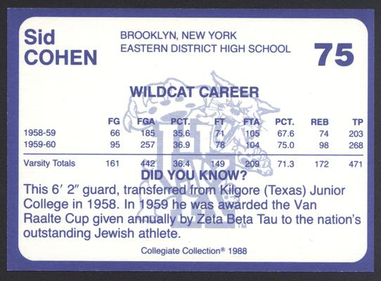 Kentucky's Finest #75: Sid Cohen (1958-60), back