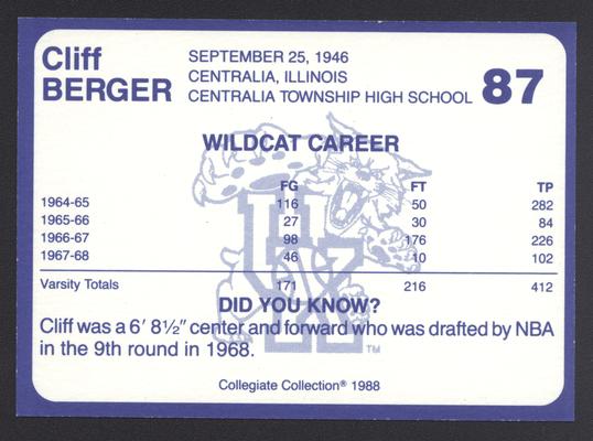 Kentucky's Finest #87: Cliff Berger (1964-1968), back