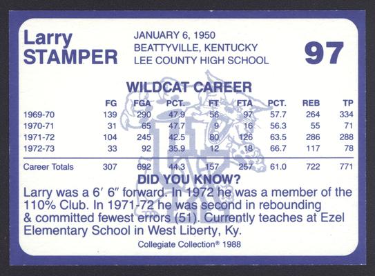 Kentucky's Finest #97: Larry Stamper (1969-1973), back