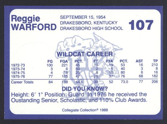 Kentucky's Finest #107: Reggie Warford (1972-1976), back