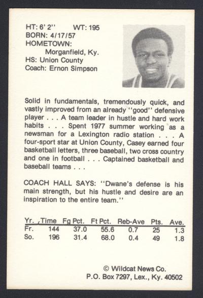 Cat Card #13: Dwane Casey, junior guard, back