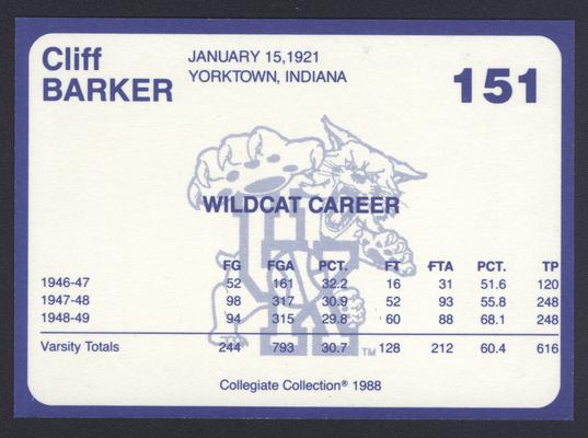 Kentucky's Finest #151: Cliff Barker (1946-1949), back