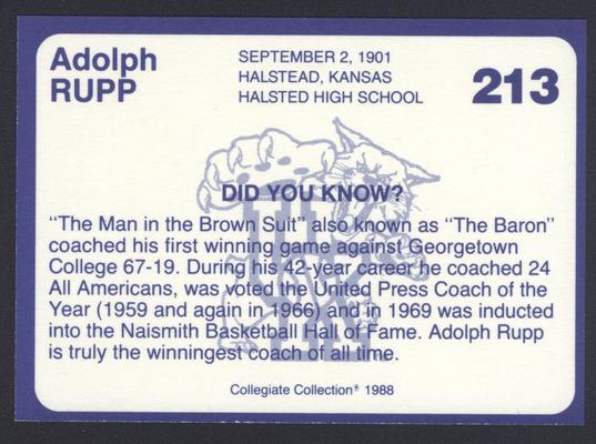 Kentucky's Finest #213: Adolph Rupp, back