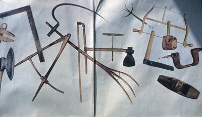 Tools - Note on slide: Clamp, broad axe, square's compass, sickle, hayfork, auger, felling axe, double calipers, boxsaw, mallet, frow, plane