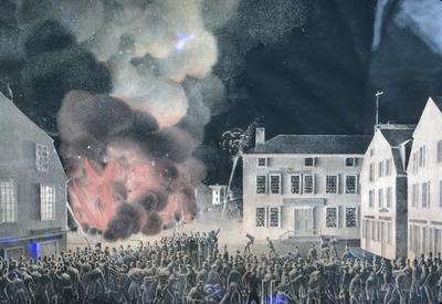 View of the Fire on Main Street - Note on slide: May 10, 1836. Color lithograph after printing by E. F. Starbuck. Nantucket Historical Society