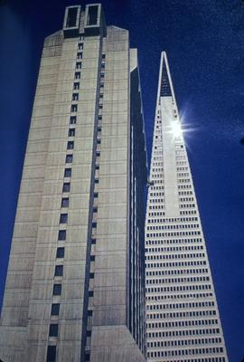 Transamerica Pyramid - Note on slide: Rests on 3 meter thick block of concrete plus 480 km steel reinforced rods