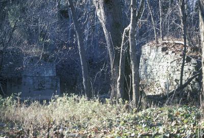 West abutment of former covered bridge - Note on slide: View of bridge foundation