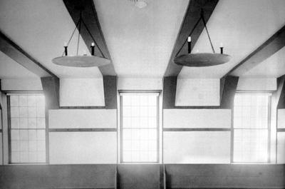 Shaker meeting house - Note on slide: Interior elevation drawing. Shaker Architecture / compiled by Herbert Schiffer. West Chester, Pa. : Schiffer Pub., 1979