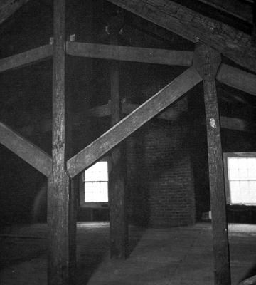White Oak Framing Garrett Meeting House - Note on slide: Beams and rafters. Simple Spirit. Thomas, Samuel W., [Harrodsburg, Ky.] Pleasant Hill Press, 1973. p. 64