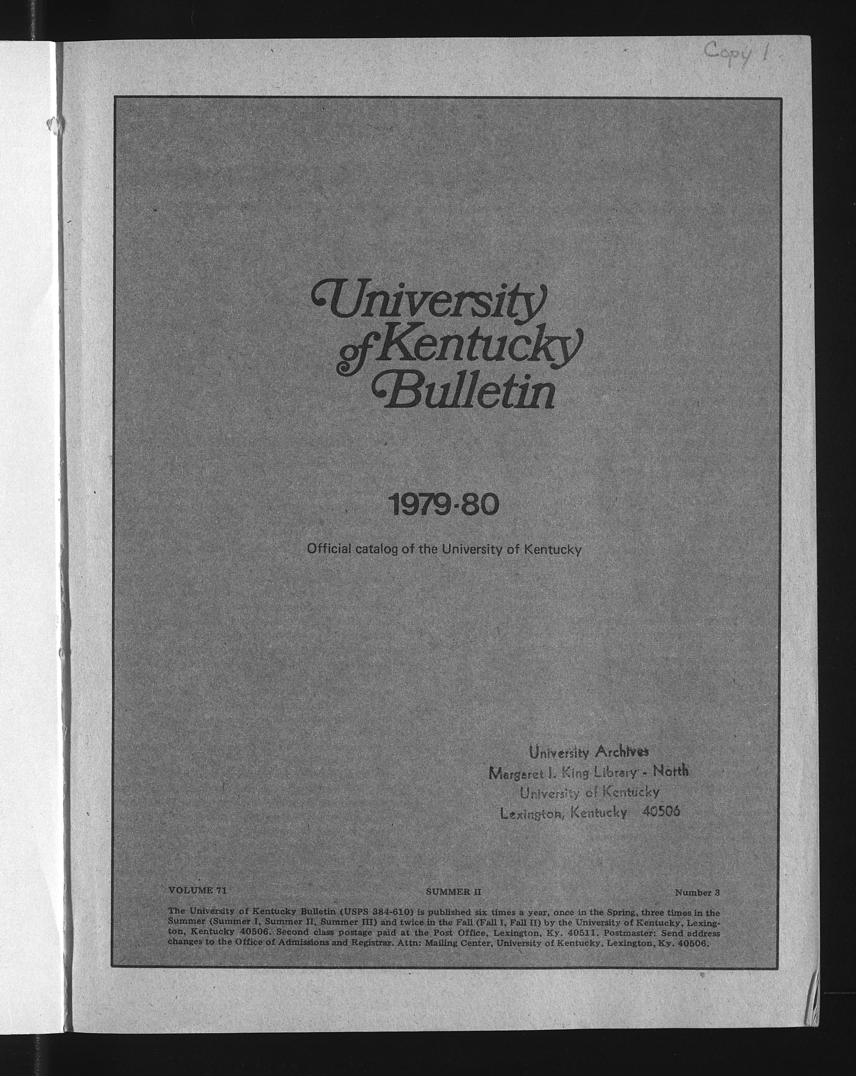 University of Kentucky Bulletin, Vol. 71, No. 3, 1979-1980