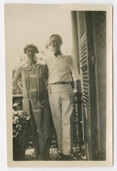 Gladys Lowe (friend of Bates) and her husband, Andy Lowe, on their apartment balcony in Geneva, Switzerland, the day after Andy passed his last Ph.D. exam