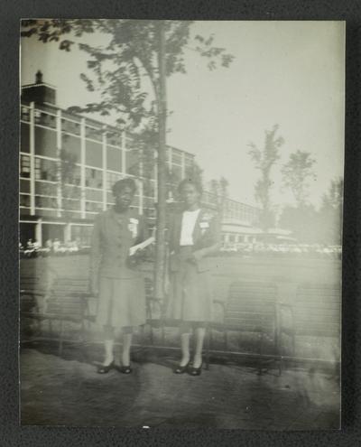 Taken at [Washington Park?] Race Track during Catholic convention at Chicago, Illinois; [L to R] Mrs. Lena Saint and Mrs. Nellie [Mobsely?]