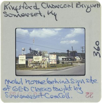 Kingsford Charcoal Briquett Somerset, Kentucky. Mobile home behind sign site of GED classes taught by Somerset Community College