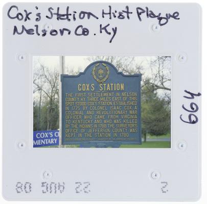 Cox's Station historic plaque - Nelson County, Kentucky