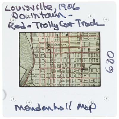 Louisville 1906 Mendenhall map - downtown - red equals trolley car track