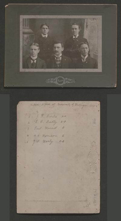 Kappa Alpha at University of Michigan, 1898-9: J.F. Barbee, E.B. Bradley, Paul Murrill, H.K. Morrison and J.D. Mosby