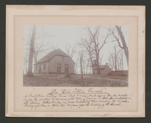 The 'Old Stone Church'--A Presbyterian meeting-house about 8 [eight] miles North-East of Staunton, Augusta County, VA, erected by pioneers of the Valley of Virginia in 1748. Here worshipped the Allens, Bells, Trimbles, etc., and hereabouts their remains lie buried. Photograph taken in April, 1897, 150 [one hundred fifty] years after the building of the church