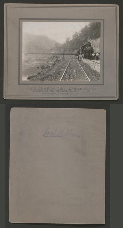 First full train of coal from a Hazard mine; April, 1915. 33 [thirty-three] cars block coal from Kentucky Jewel Coal Co. for Milwaukee Western Fuel Co