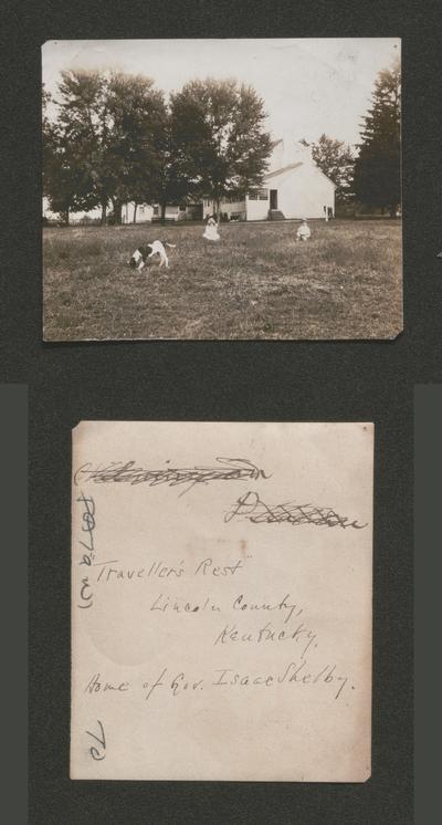 'Travellers' Rest' Lincoln County, Kentucky. Home of Gov. Isaac Shelby. Two children and a dog on lawn