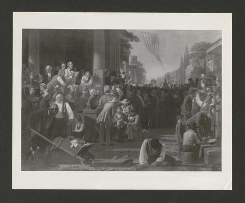 Photo of a painting, The Verdict of the People by George C. Bingham, photocopy of information about painting