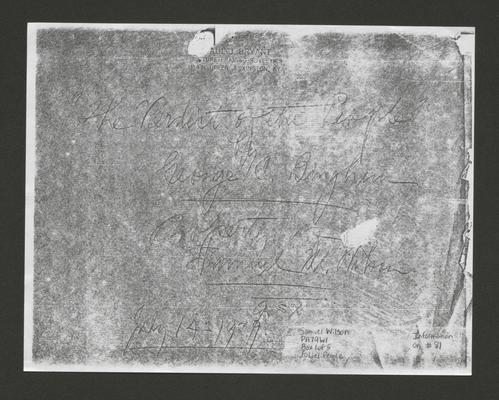 Photo of a painting, The Verdict of the People by George C. Bingham, photocopy of information about painting