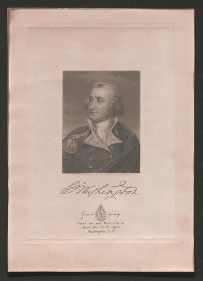 George Washington. General Society Sons of the Revolution April the 28th 1908 Washington, D.C. Mezzotint by Wm. Sartain, 1891, after Conder for Sons of the Revolution