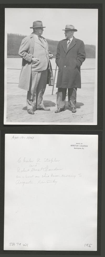 Charles R. Staples and Robert Stuart Sanders on a boat on Ohio River crossing to Augusta, KY.; Photo by Winston Coleman. Lexington, KY