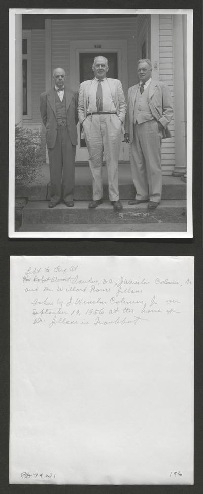 Left to Right: Rev. Robert Stuart Sanders, J. Winston Coleman, and Dr. Willard R. Jillson. Taken by J. Winston Coleman, Jr. on September 19, 1956 at the home of Dr. Jillson in Frankfort