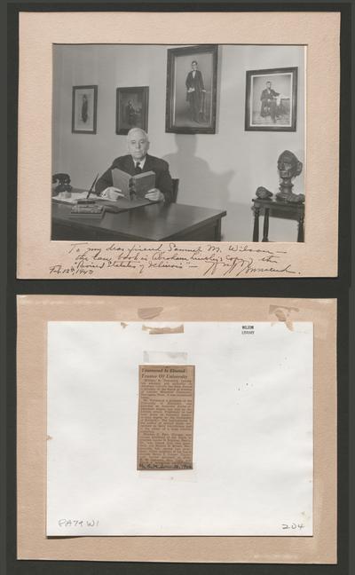 William H. Townsend. Frame autographed: To my dear friend, Samuel M. Wilson; the law book [in the photo] is Abraham Lincoln's copy of the 'Revised Statutes of Illinois' - W.H. Townsend. Feb. 12, 1943