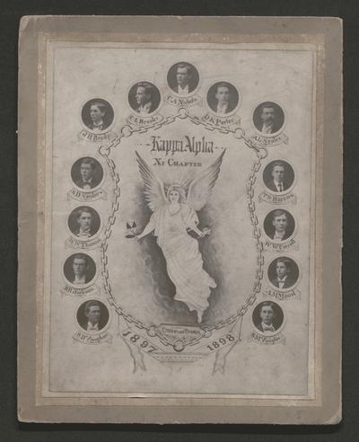 Kappa Alpha Xi Chapter. 1897-1898. Small photos of thirteen young men around a figure of a winged angel. The names in clockwise order: C.A. Nichols, D.K.Porter, A.L. Scales, T.S.Barcus, W.W.Carroll, A.M. Mood, S.M.Vaughn, S.D.Vaughan, R.R.Jackson, W.W. Thomas, S.D. Sanders, J.H. Reedy, C.L. Brooks