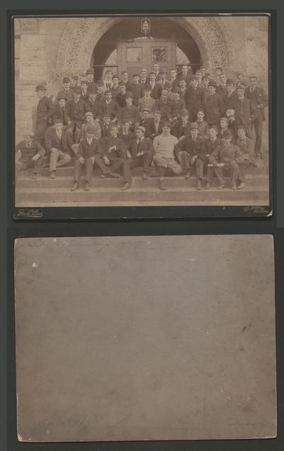 Large group of young men on steps; Samuel M. Wilson is on right side of photo. Class of '94; Williams College. Junior year, 1892