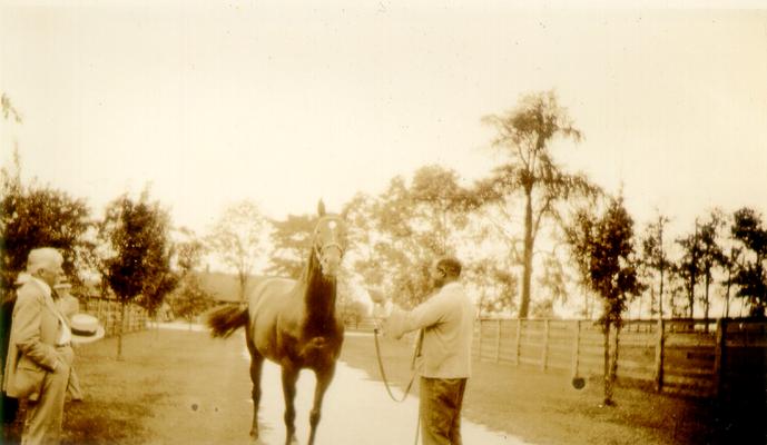 African American man leading a horse, Samuel M. Wilson standing on the left