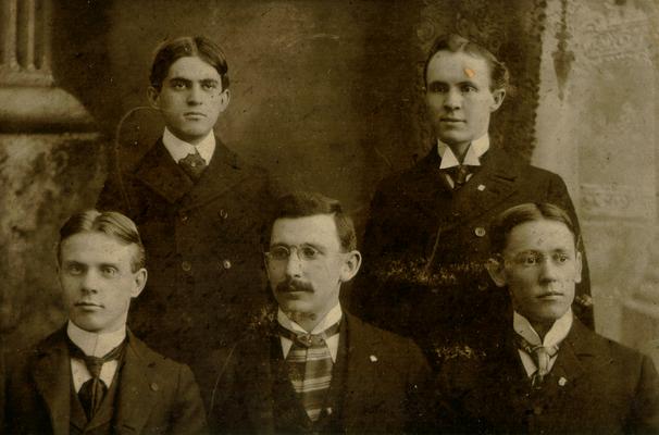 Kappa Alpha at University of Michigan, 1898-9: J.F. Barbee, E.B. Bradley, Paul Murrill, H.K. Morrison and J.D. Mosby